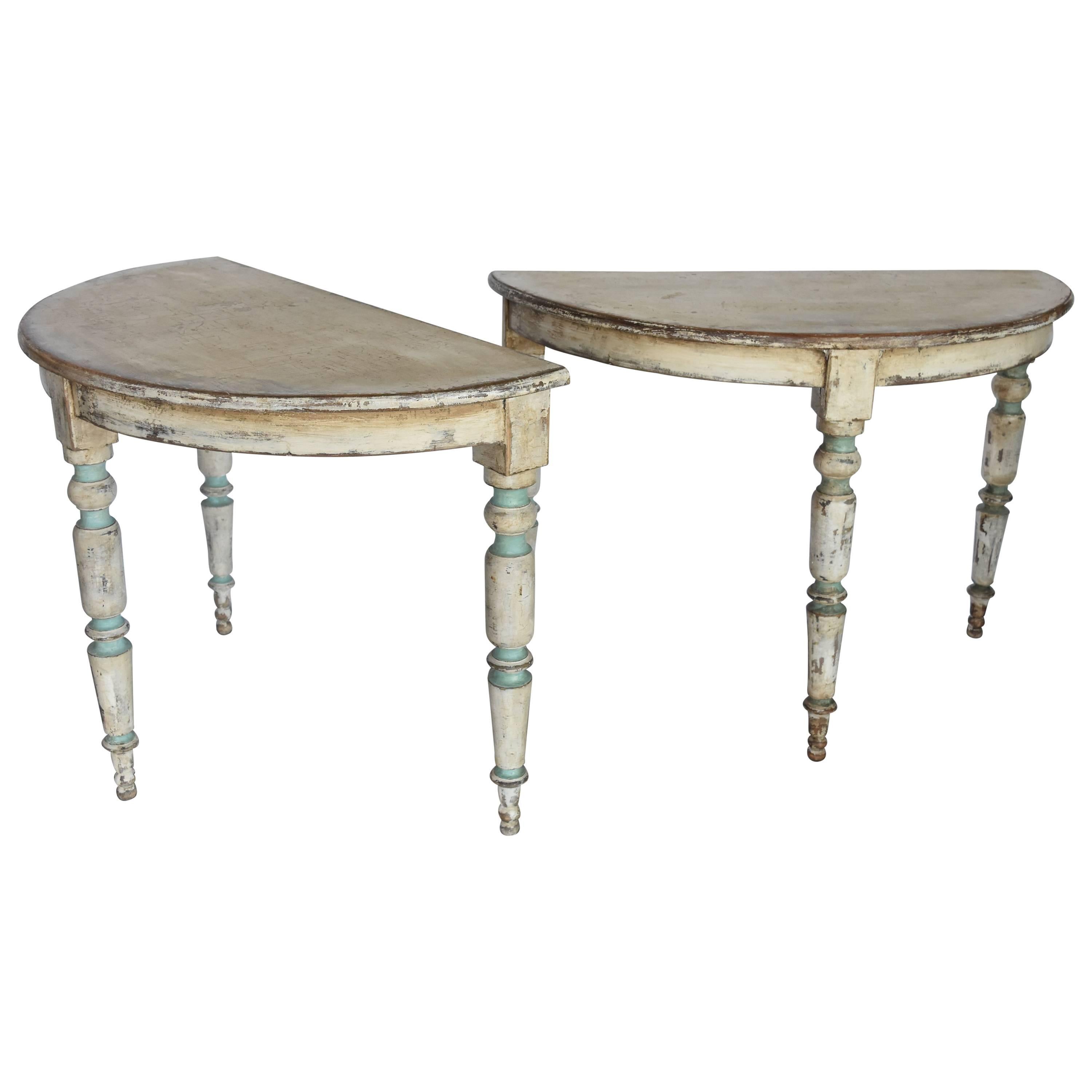 Spanish 1900s Demilune Tables With Later Creamy White Paint And Blue Accents