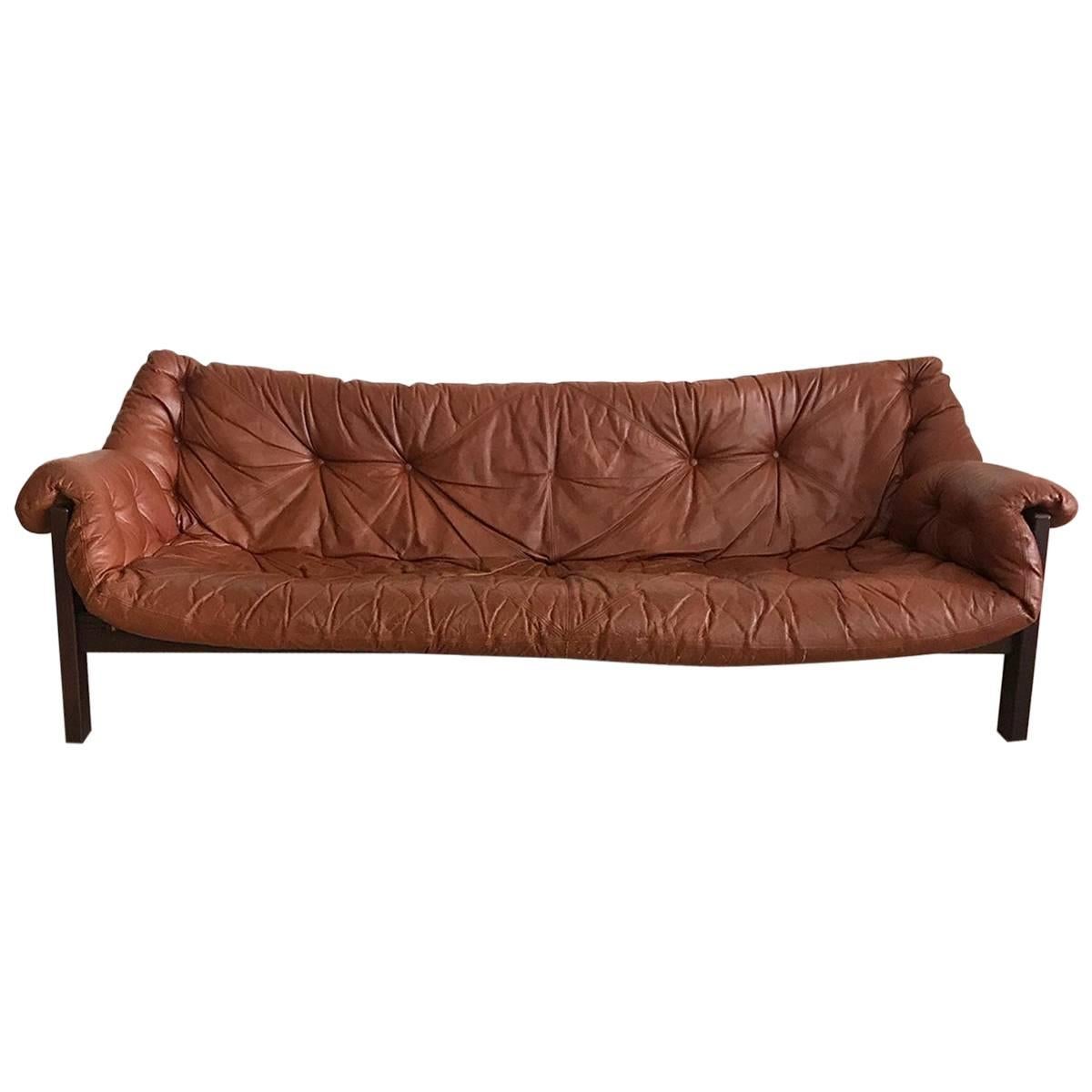 1960s Jean Gillon Brazillian Exotic Rosewood and Cognac Leather Sling Sofa