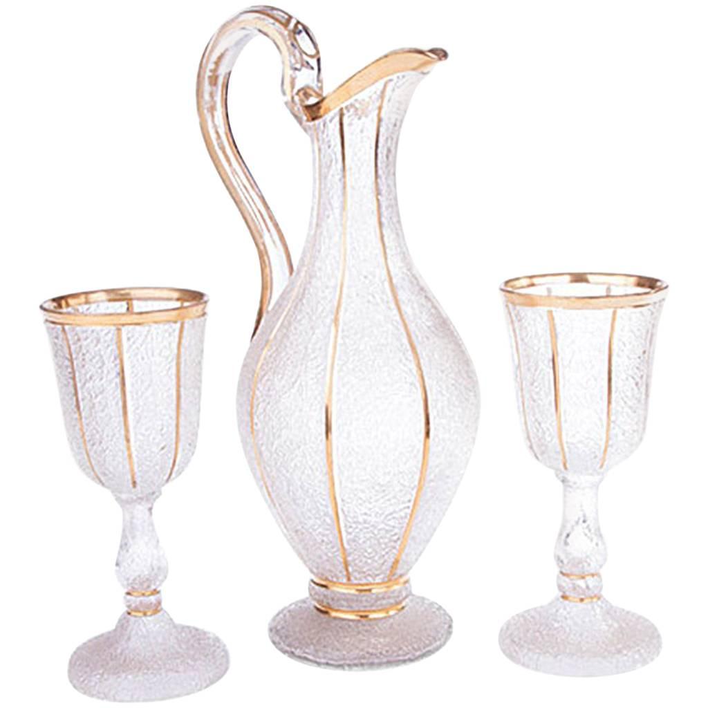 19th Century Frosted Glass Ewer with Matching Pair of Drinking Glasses For Sale