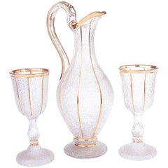 Used 19th Century Frosted Glass Ewer with Matching Pair of Drinking Glasses