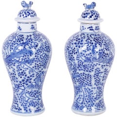 Pair of Elegant Chinese Export Style Porcelain Blue and White Lidded Jars