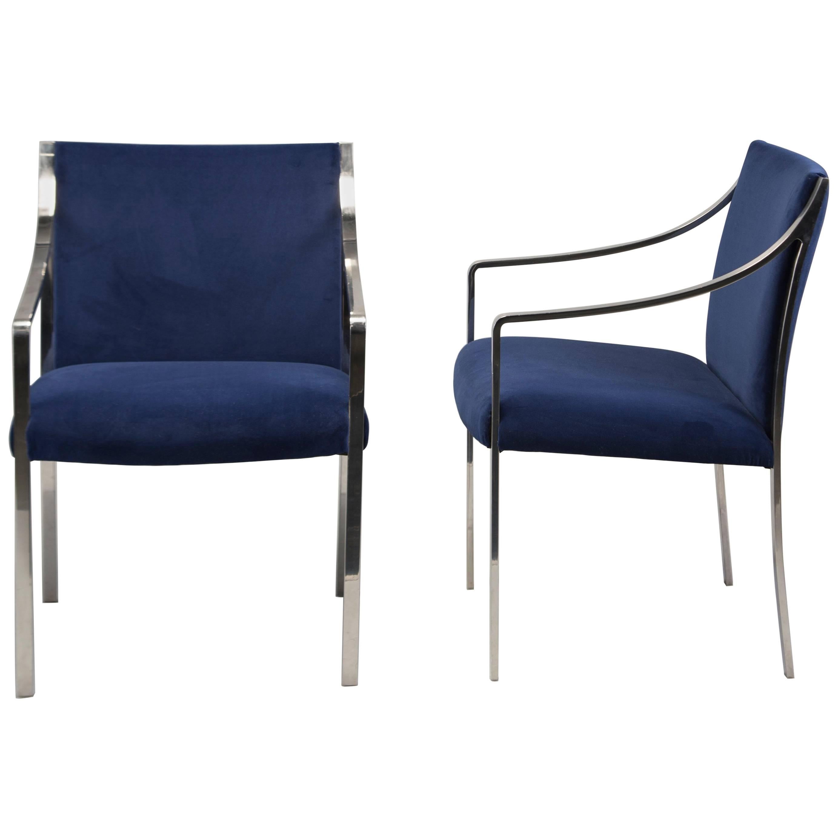 Pair of Midcentury Bert England for Stow Davis Steel Frame and Velvet Arm Chairs