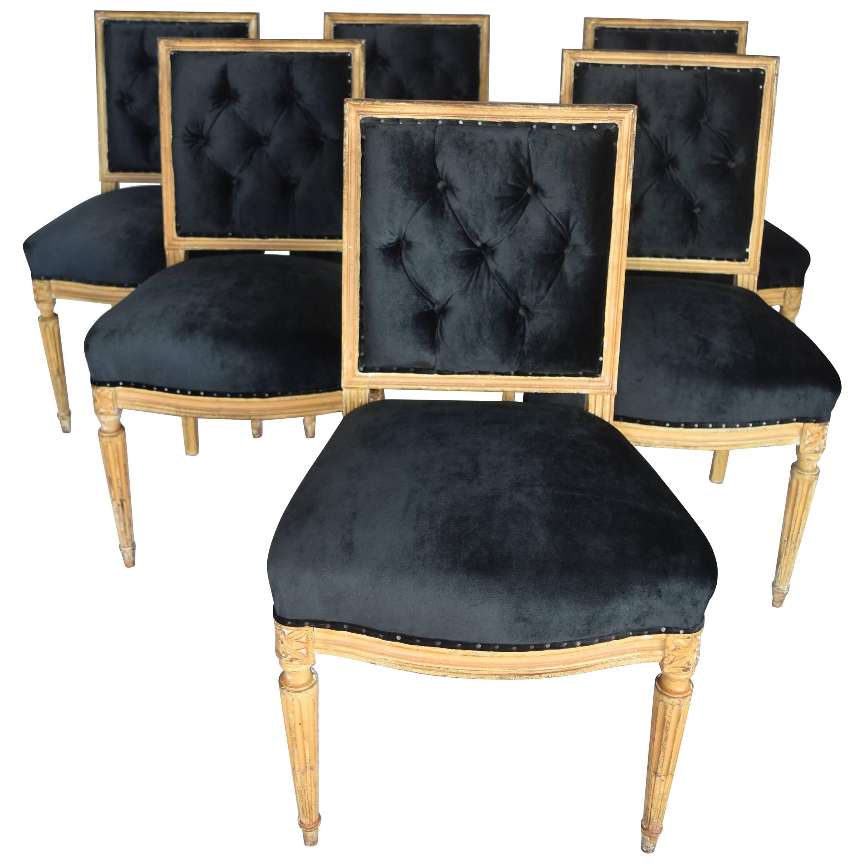 19th Century Louis XVI Original Painted Gold Set of Six Dining Chairs 