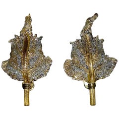 Signed Pair Barovier & Toso Leaf Sconces Murano Art Glass Golden Floral 1970s