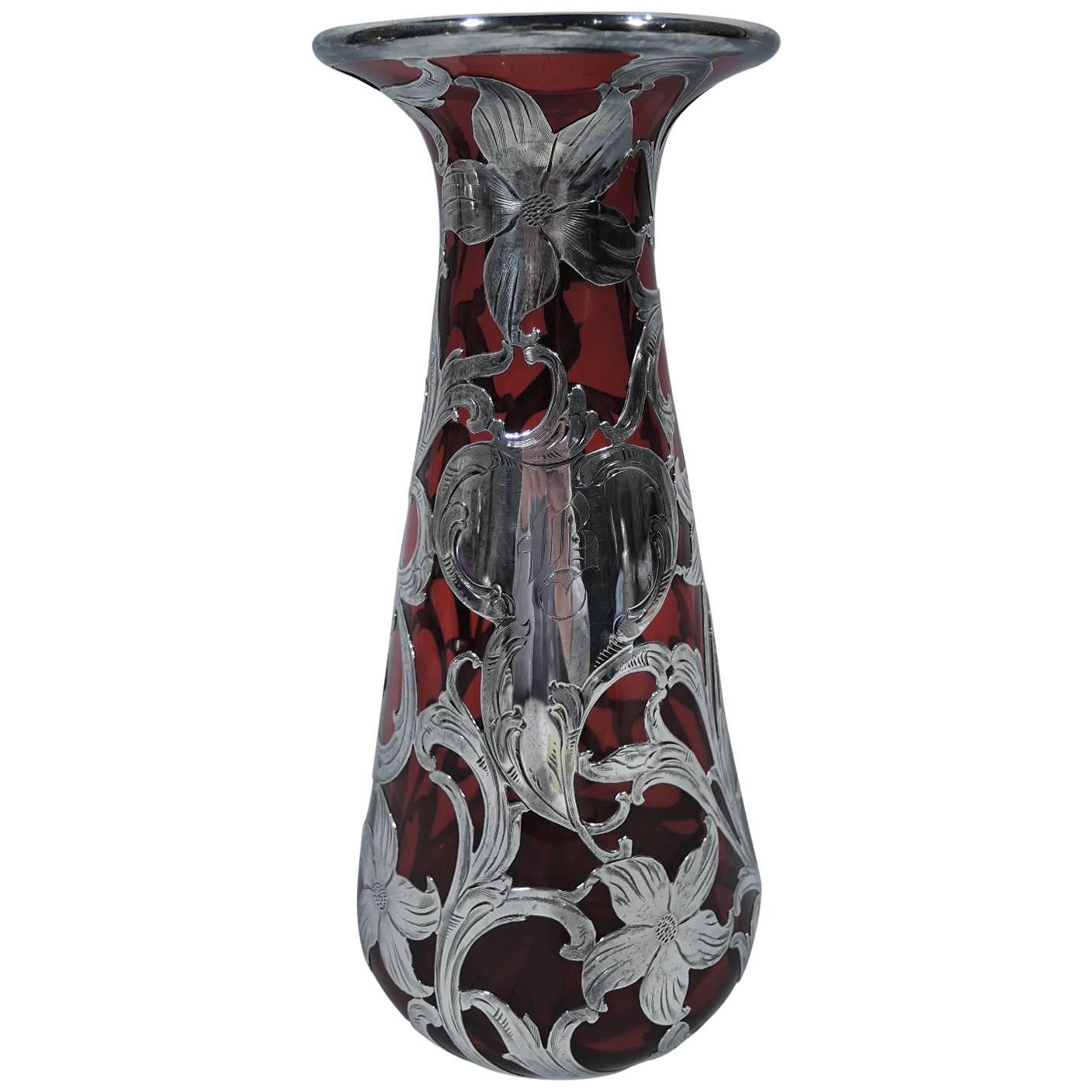 Alvin Art Nouveau Ruby Red Glass Vase with Silver Overlay
