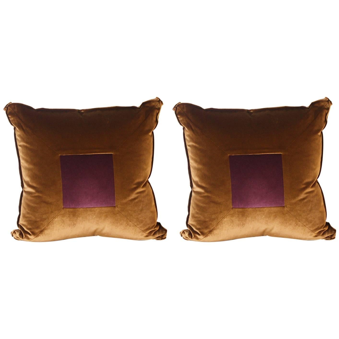 Pair of Two Square Pillows Upholstered in Kravet Velvet