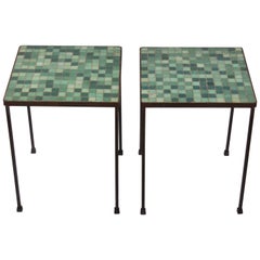 1950s Pair of Black Wrought Iron and Green Terrazzo Tile Tables