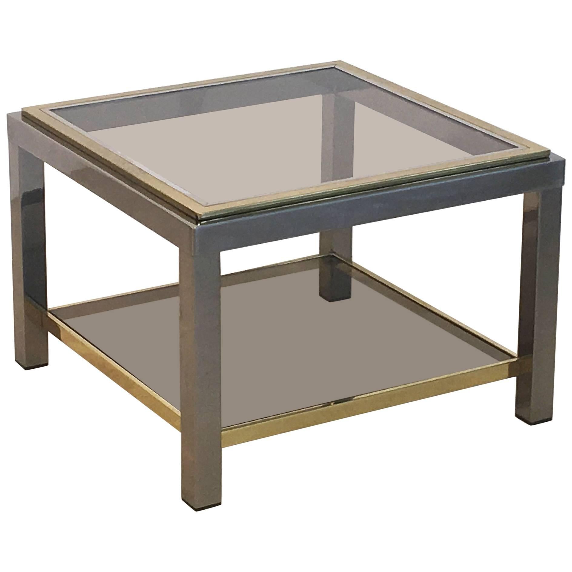 Italian Square Low Table of Brass, Chrome, and Smoked Glass by Zevi For Sale