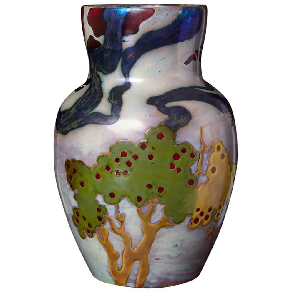 Hungarian Ceramic Eosin Glaze Vase, Landscape with Hawk by Zsolnay, circa 1900
