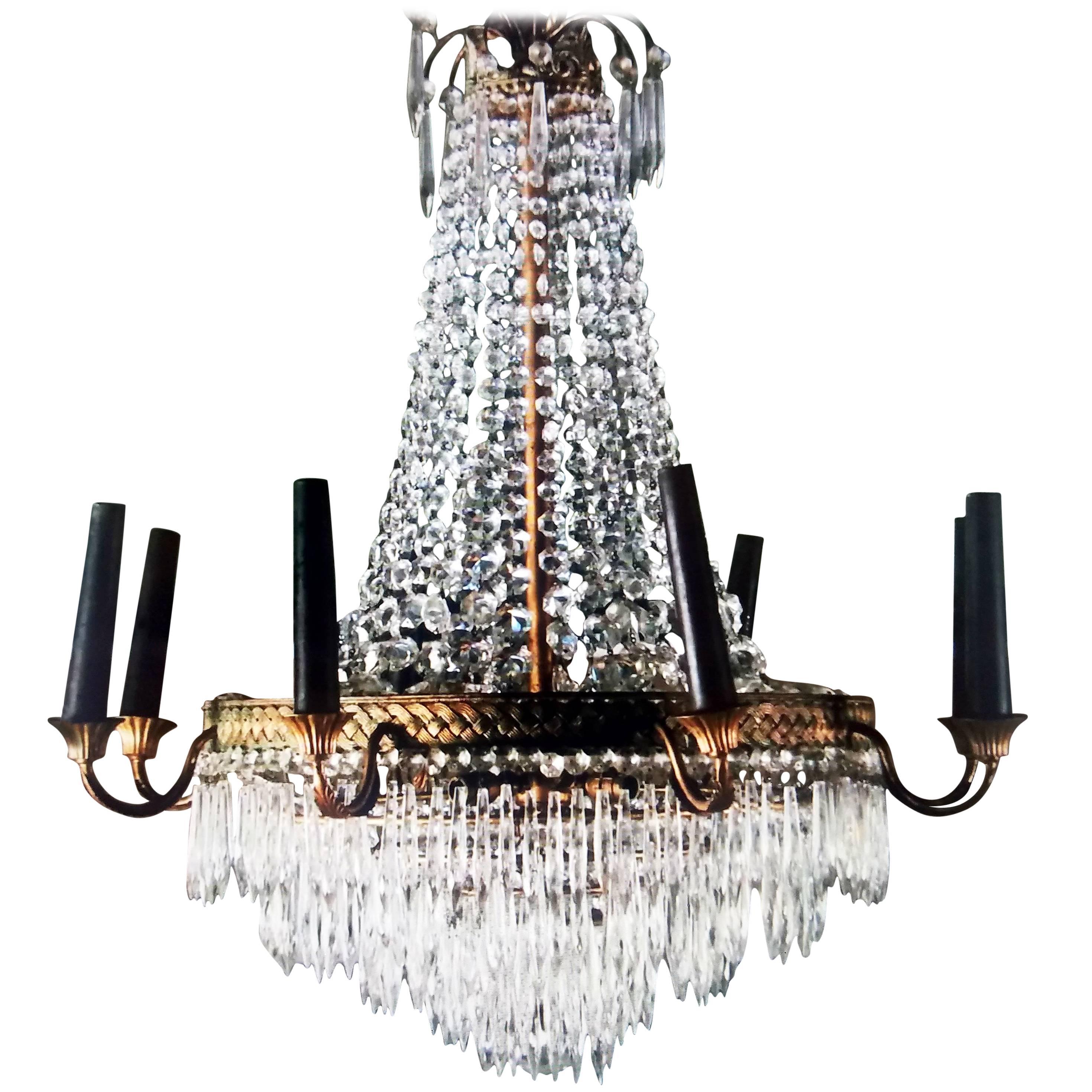 French Gilt Bronze Six-Arm Crystal Chandelier with Four Hidden Interior Lights