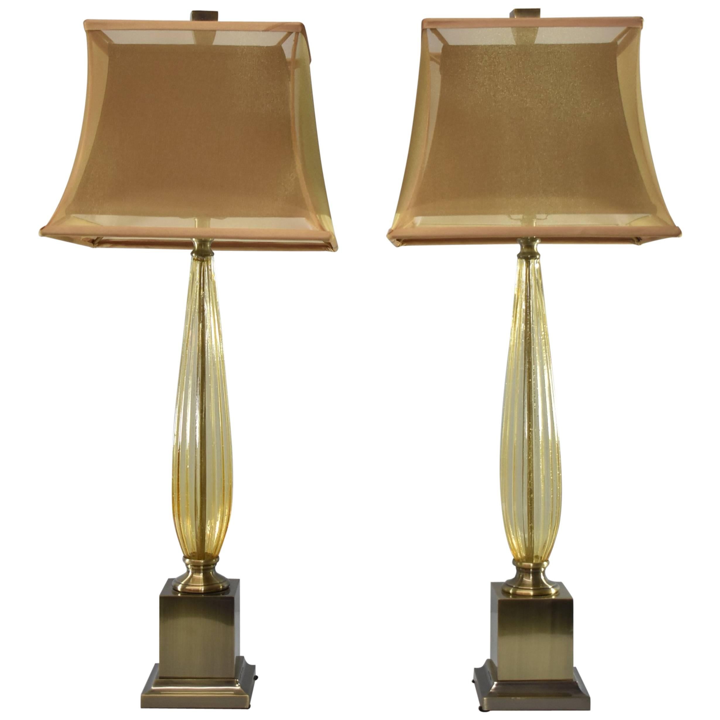 Pair of Antiqued Brass and Amber Glass Table Lamps by John Richard