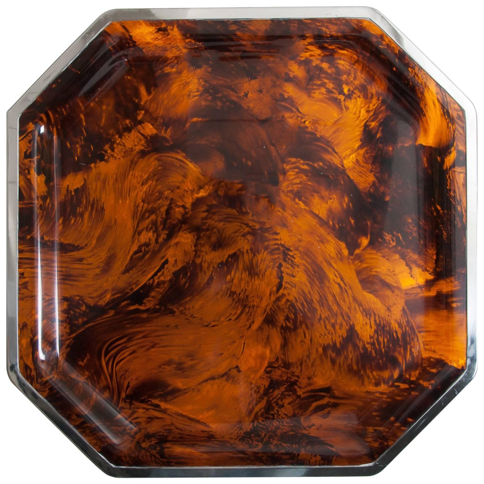 Large Faux Tortoiseshell Tray with Chrome Edging Attributed to Christian Dior