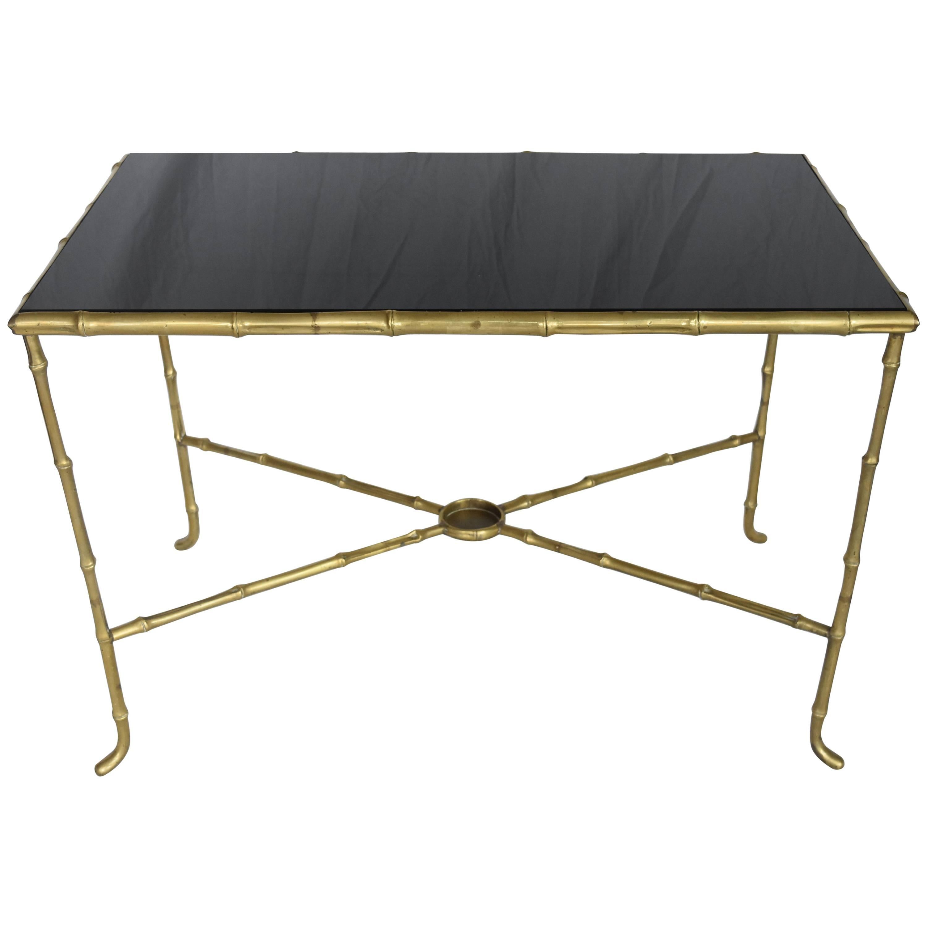 French Midcentury Brass Faux Bamboo Table with Black Glass Top