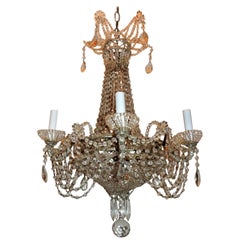 Vintage Fine French Beaded Crystal Basket Lattice Cascading Swag Chandelier Fixture