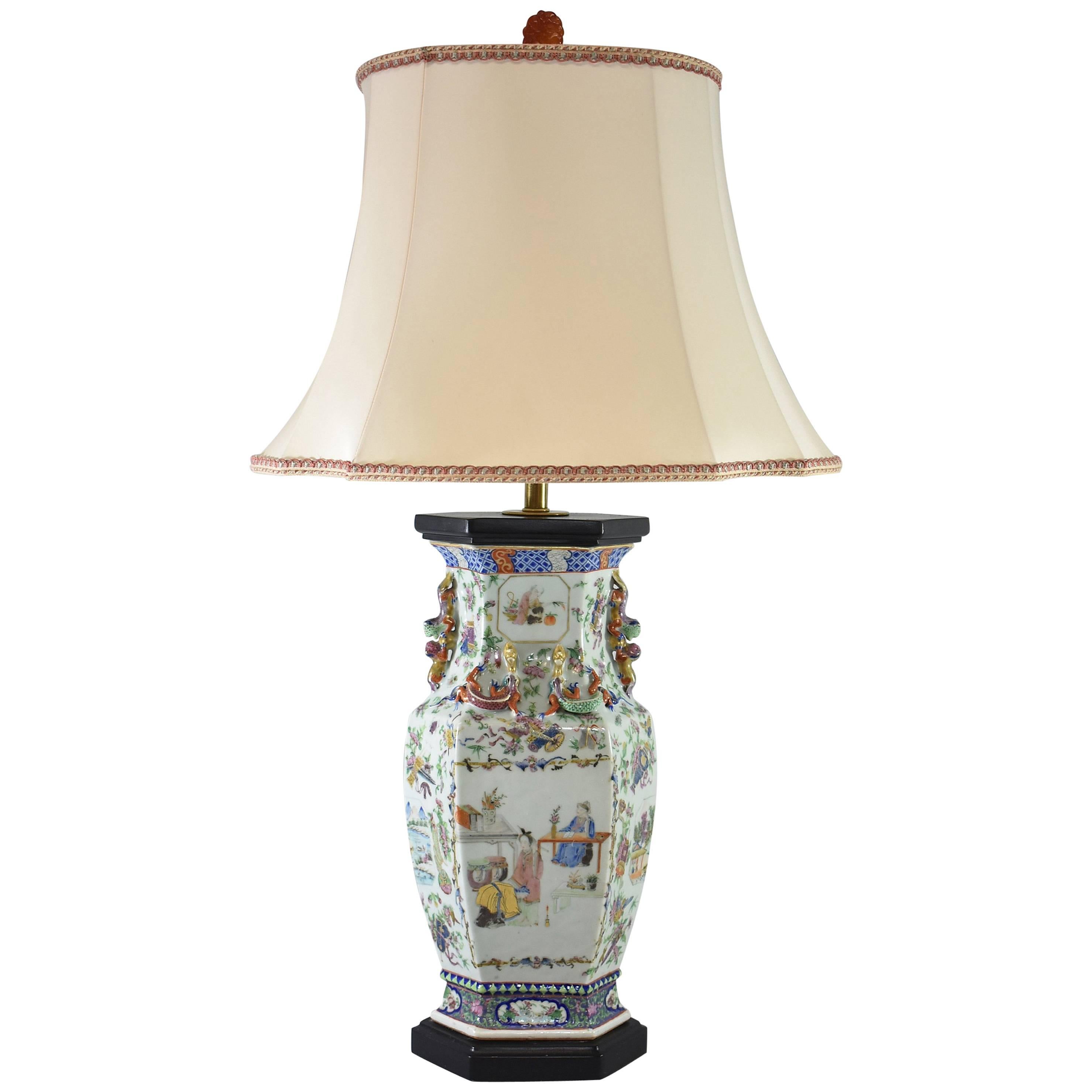 19th Century Chinese Famille Rose Medallion Table Lamp with Quartz Finial