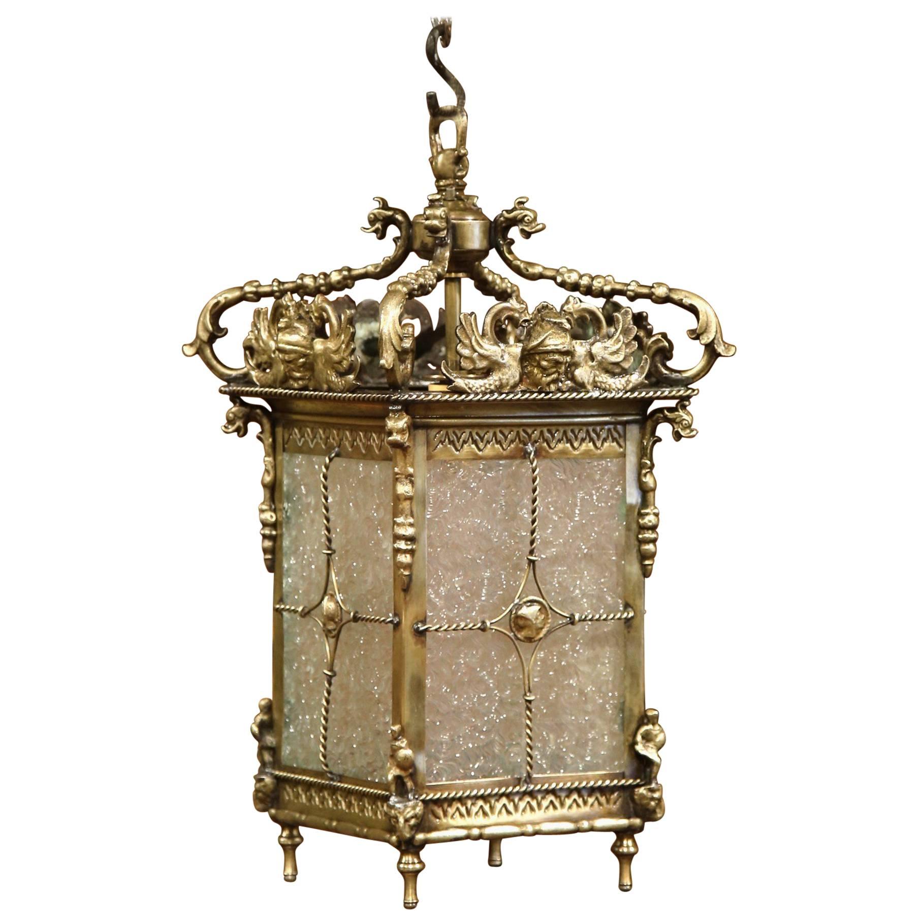 19th Century French Bronze Lantern with Roman Faces and Dolphins Mounts