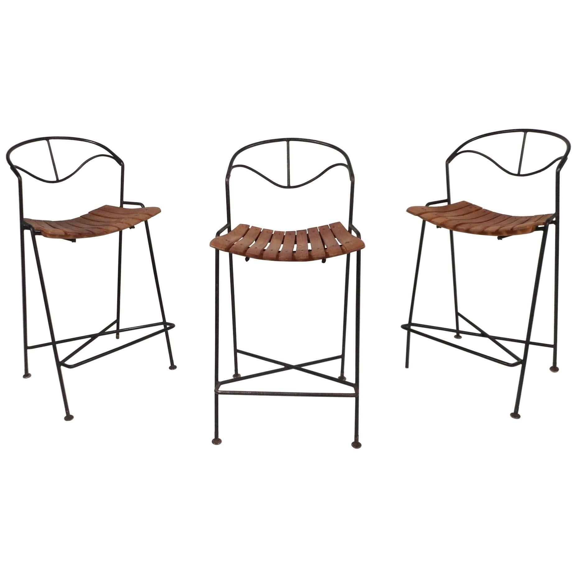 Amazing Set of Three Wrought Iron Bar Stools by Arthur Umanoff