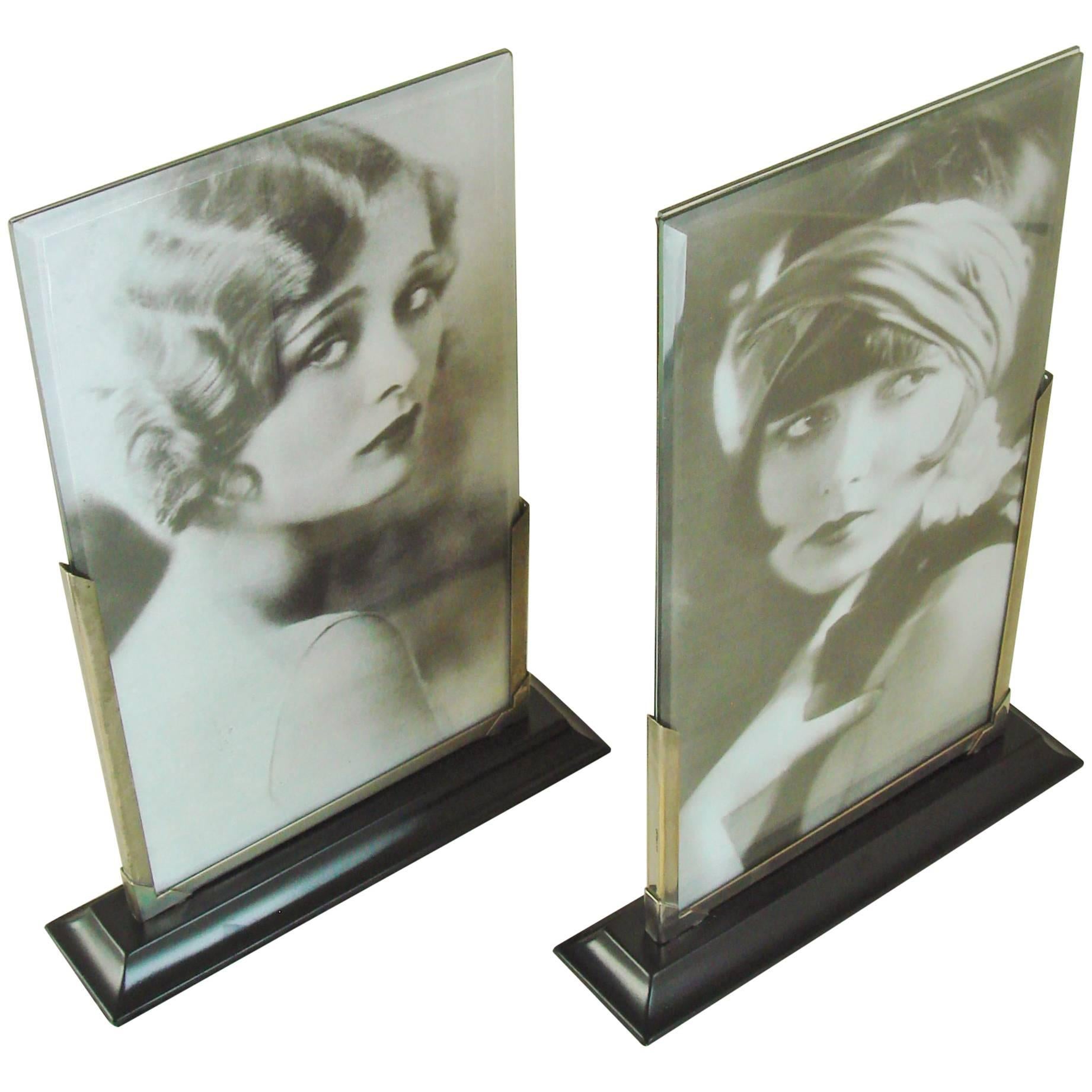 Pair of English Art Deco Chrome & Bevelled Glass Asymmetrical Bookmatched Frames
