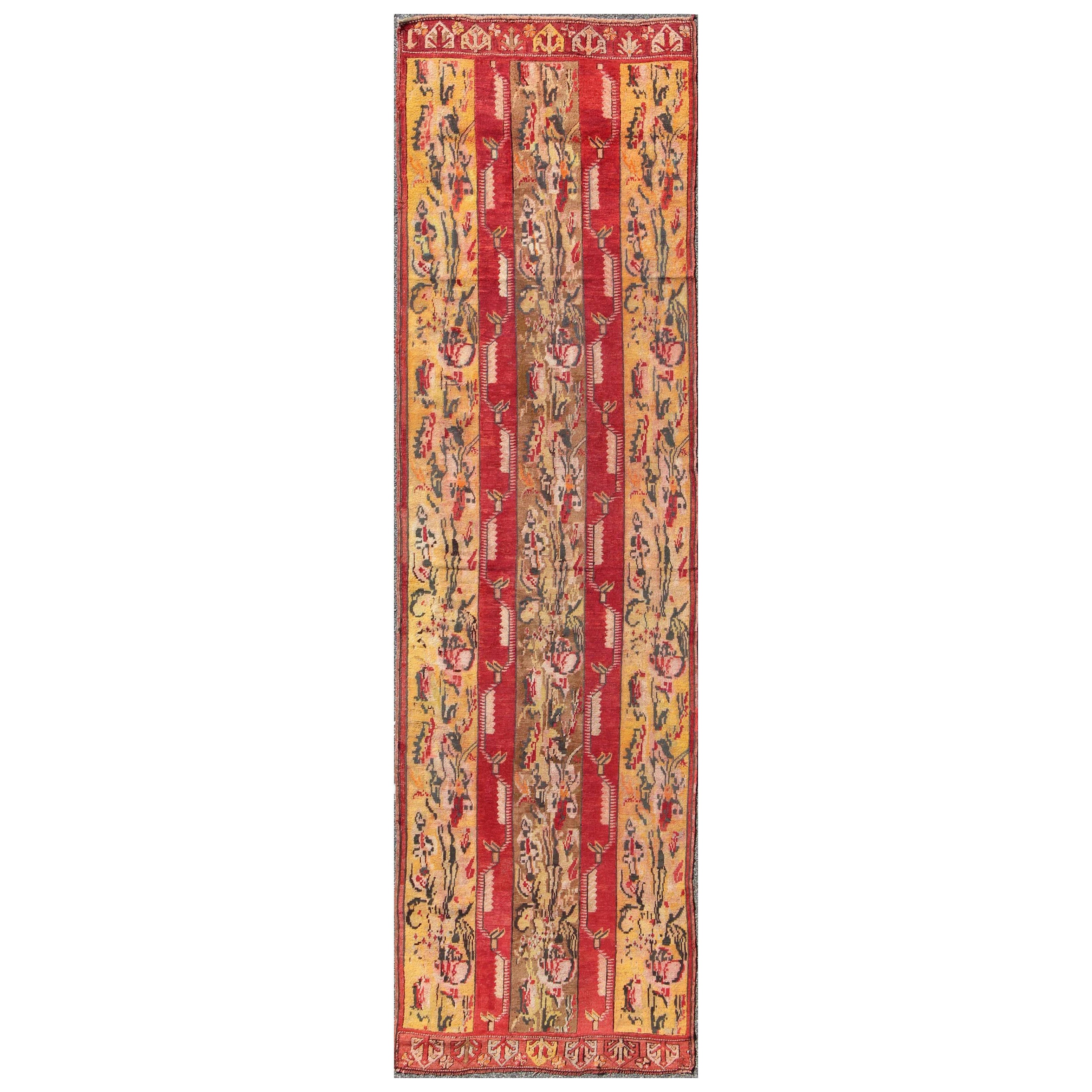 Antique Turkish Oushak Runner with Saffron Yellow, Light Brown and Red  For Sale