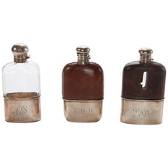 Vintage Collection Early 20th Century Sterling Silver /Leather American English Flasks