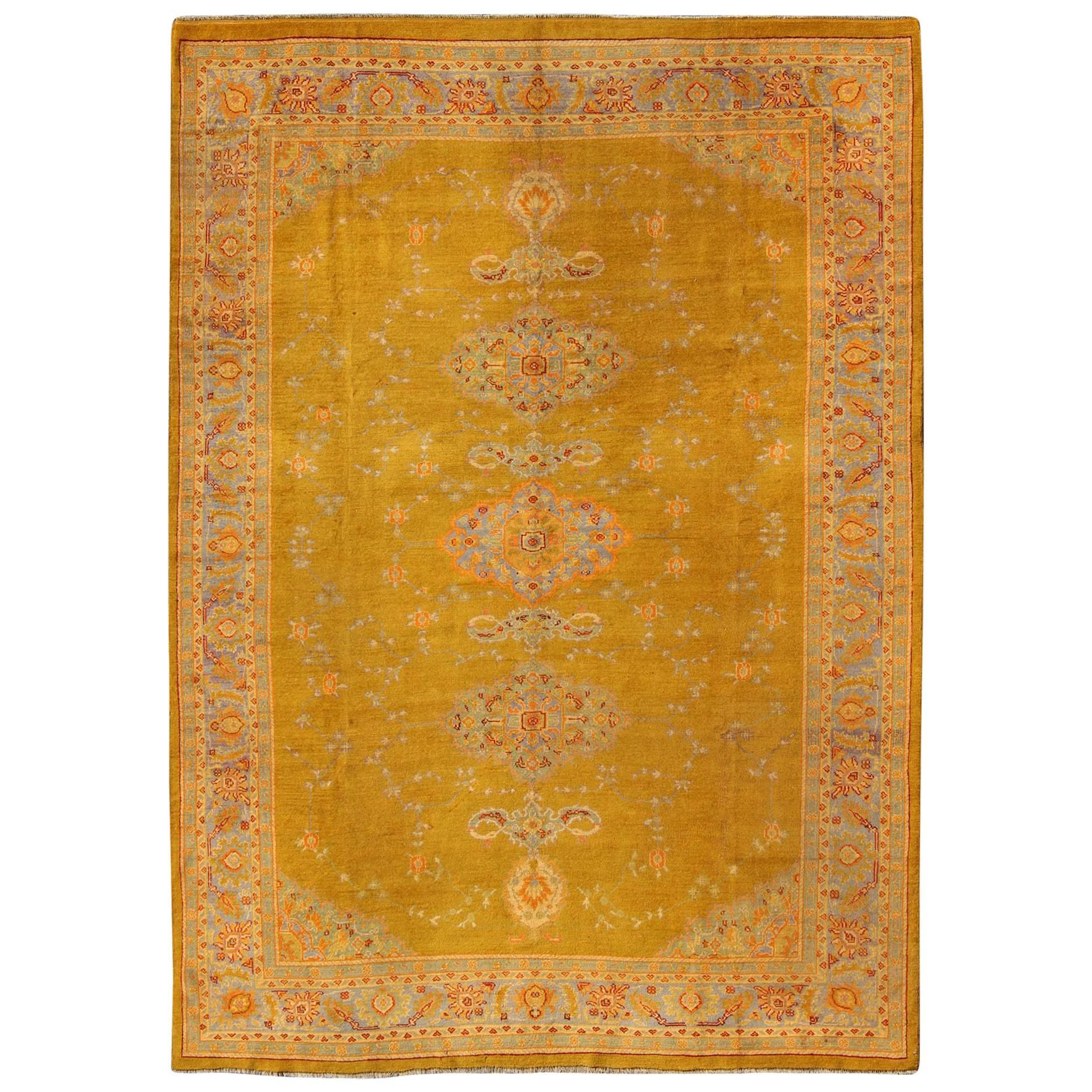 Saffron Gold, Gray Lavender, L. Green, Orange Antique Fine Burlu Oushak Rug