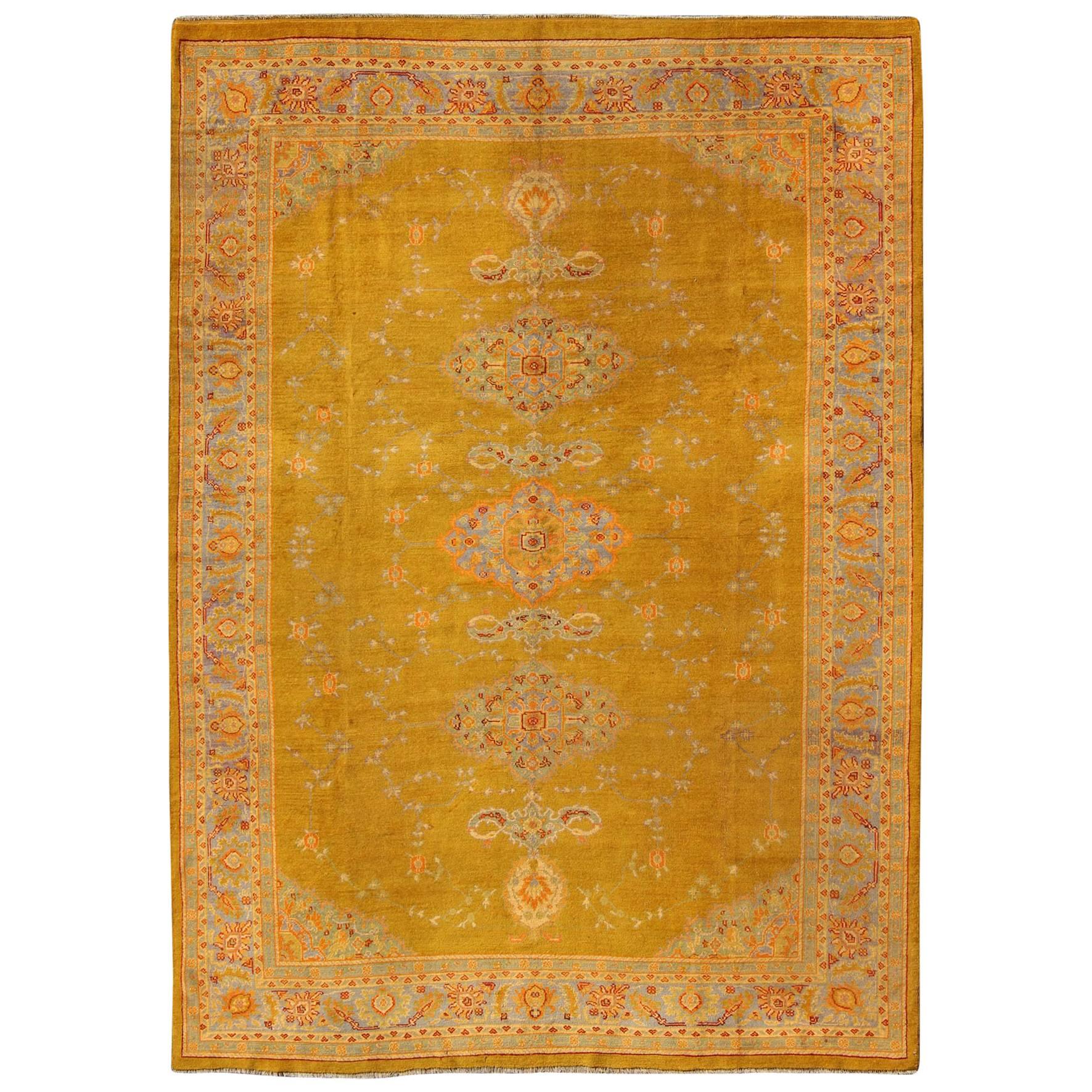 Saffron Gold, Gray Lavender, L. Green, Orange Antique Fine Burlu Oushak Rug  For Sale