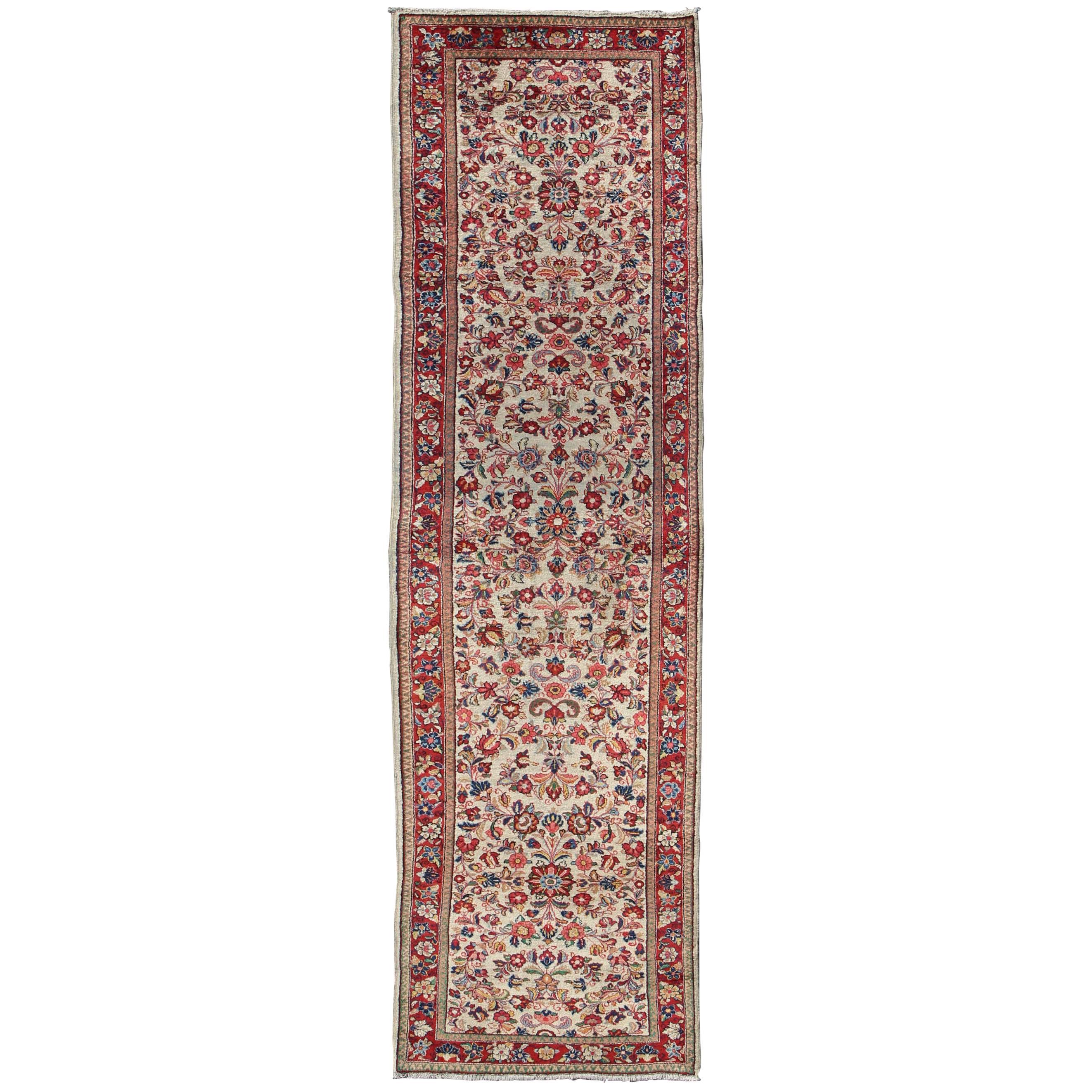 Antique Persian Sarouk Rug with All-Over Floral Design in Rich Red and Ivory