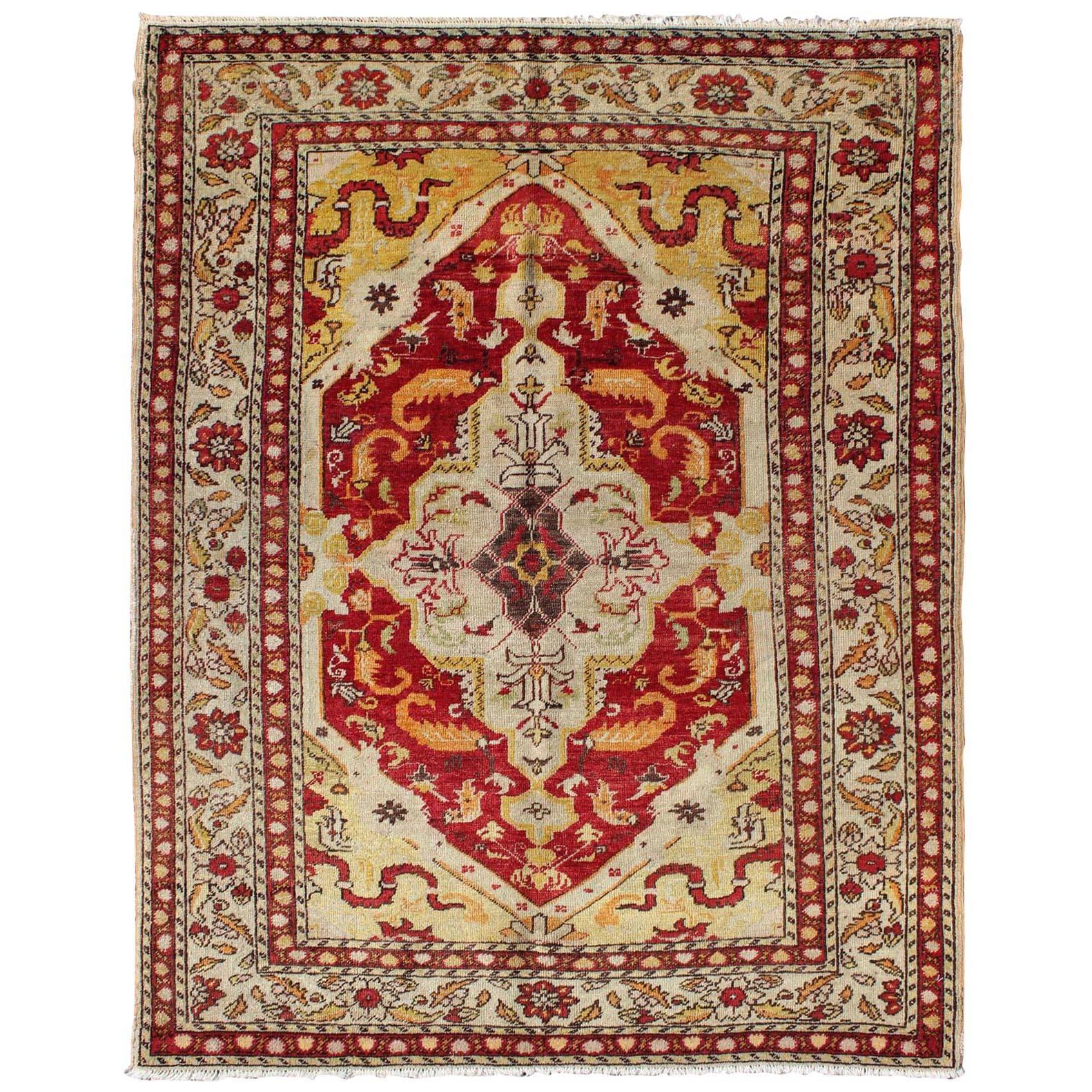 Antique Turkish Fine Sivas rug with center  medallion in Red, yellow & Green For Sale