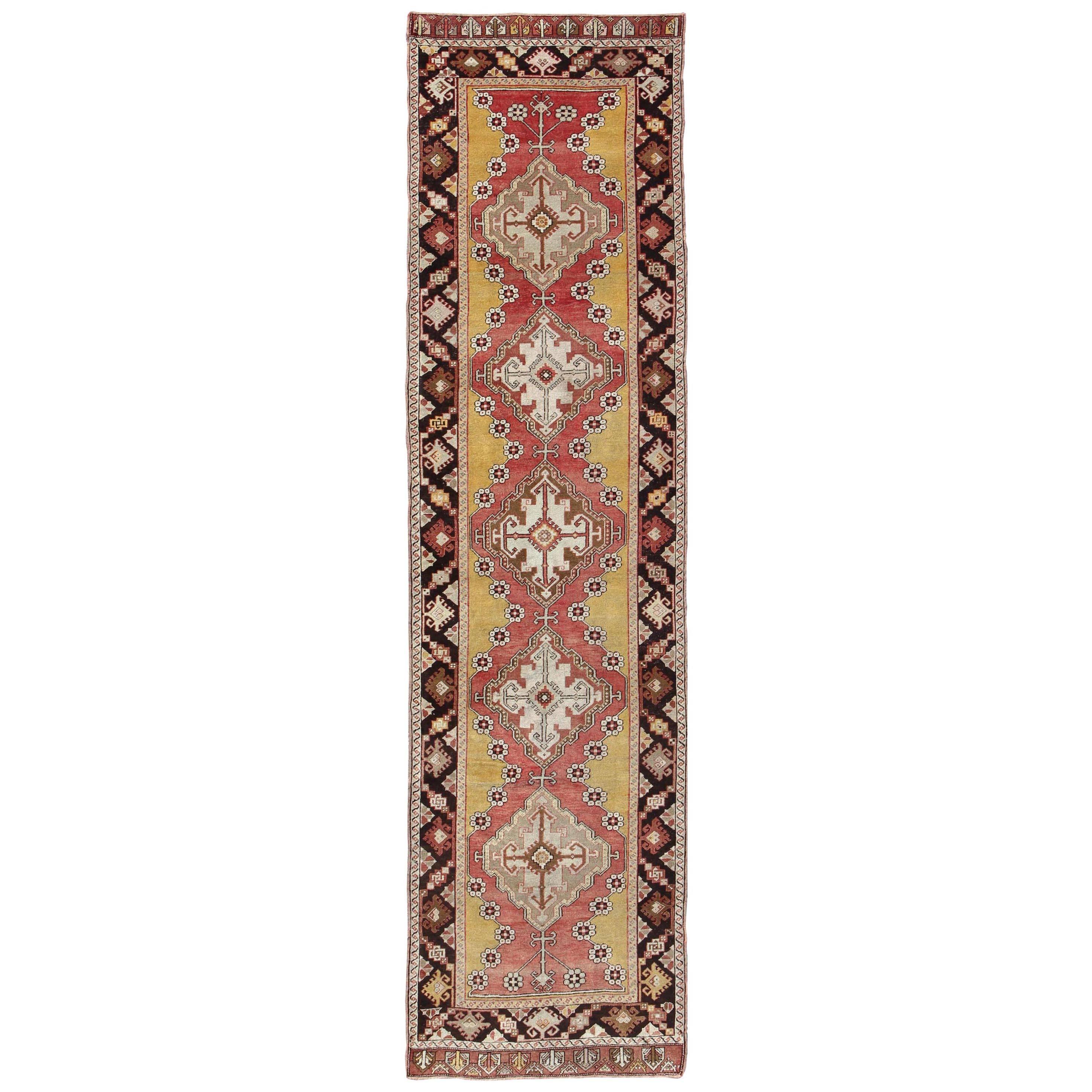 Antique Turkish Oushak Long Runner with Medallions in Brown and Goldish Yellow 