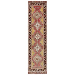 Antique Turkish Oushak Long Runner with Medallions in Brown and Goldish Yellow 