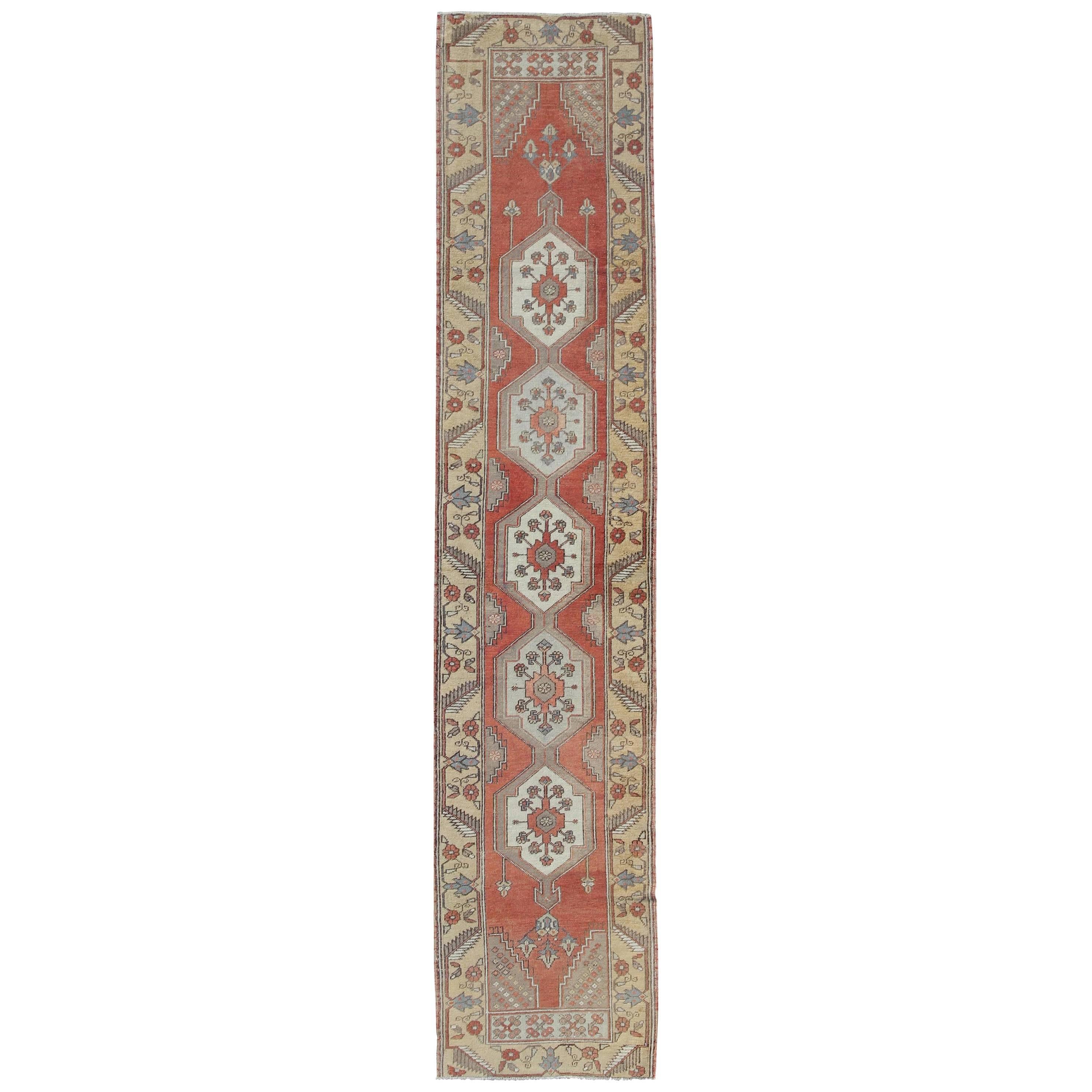Sub-Geometric Tribal Vintage Oushak Runner from Early 20th Century Turkey For Sale