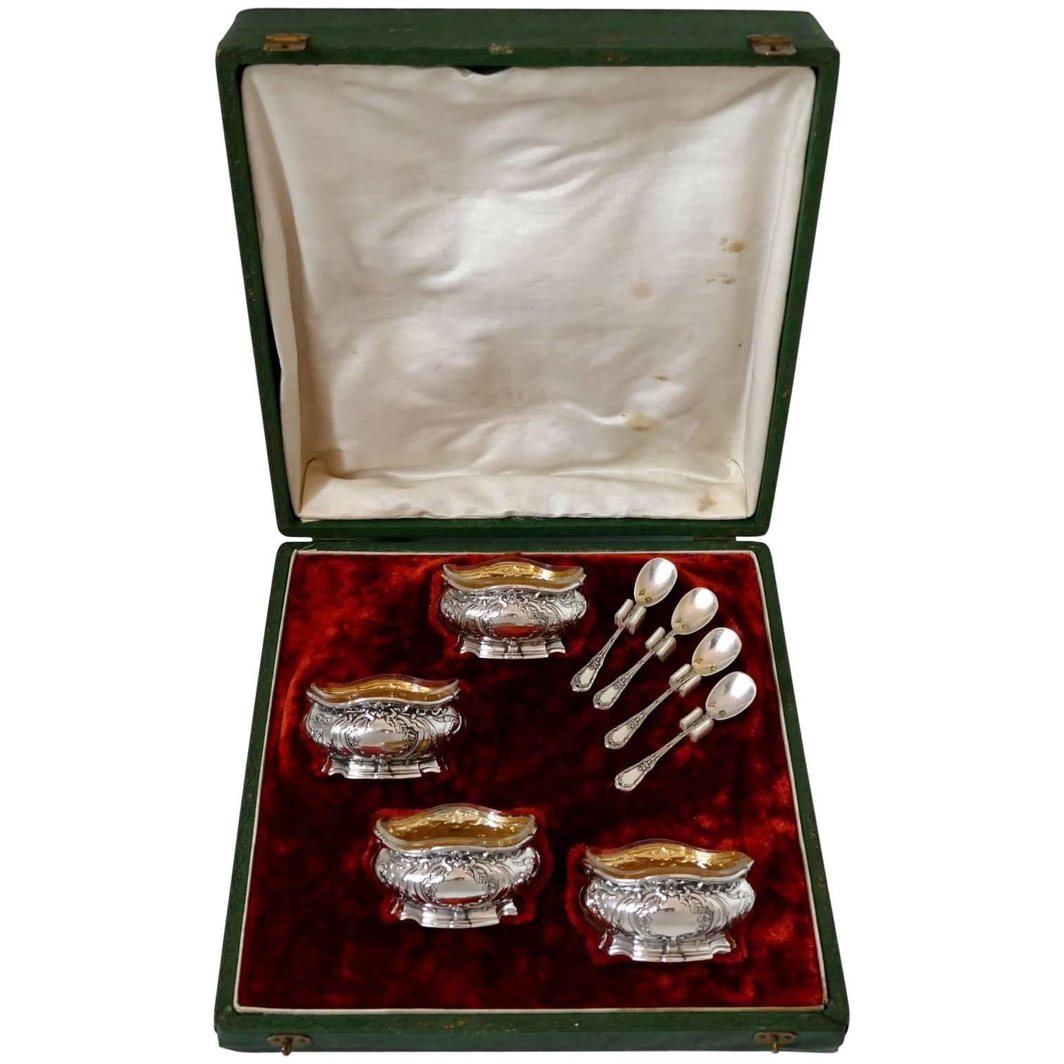 Coignet French Sterling Silver 18-Karat Gold Four Salt Cellars, Spoons and Box For Sale