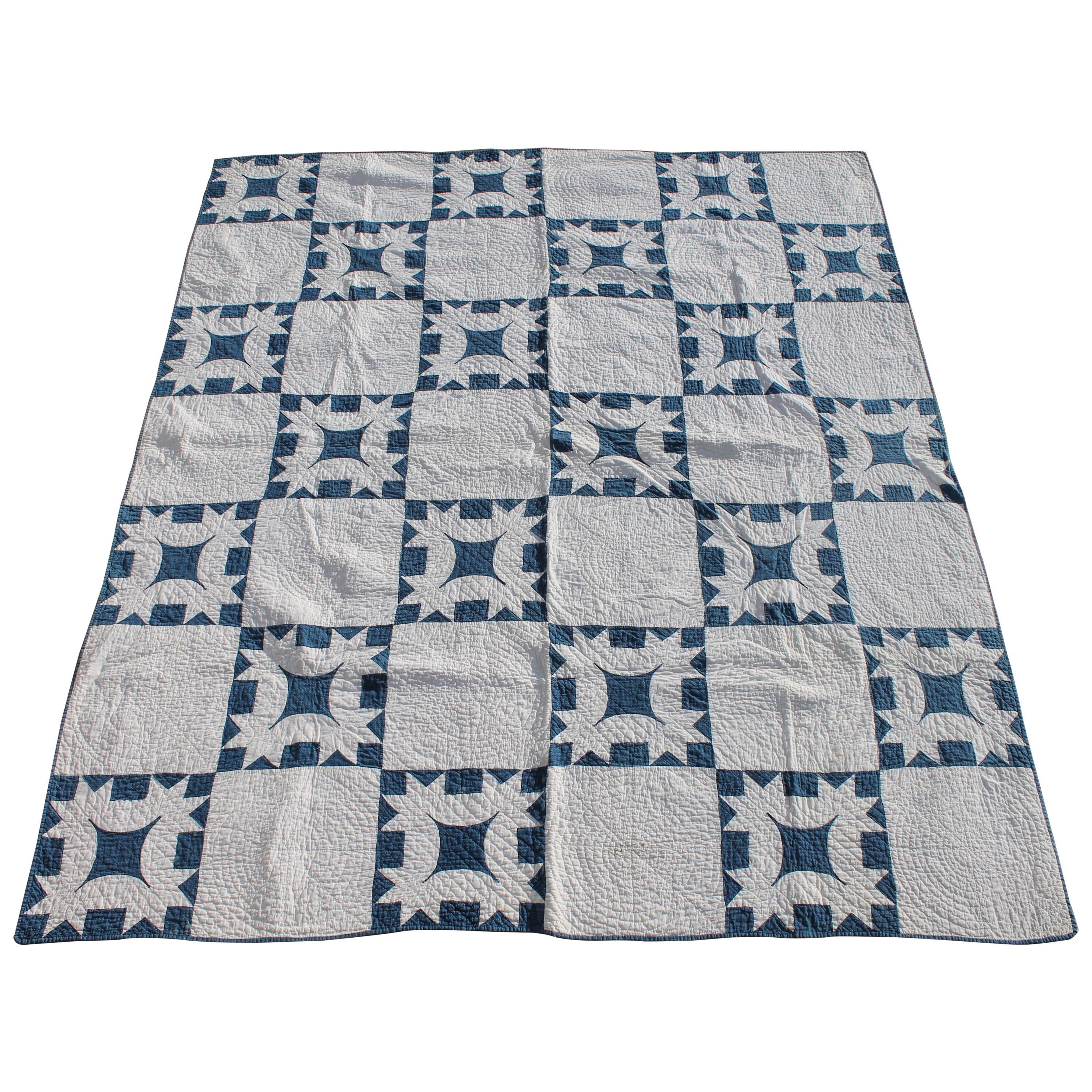 19th Century Quilt Blue and White Geometric