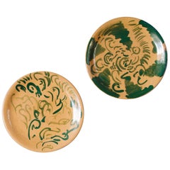 Set of 12 Decorative Green Midcentury Ceramic Handmade Plates