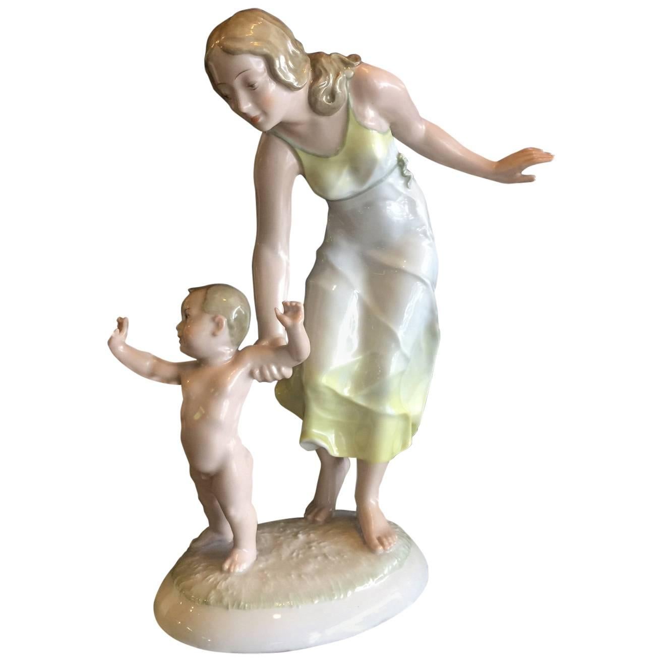 Vintage Mother & Child Porcelain Figurine by Hutschenruether Rare U.S. Zone