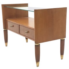 Vintage Walnut Nightstand with a Glass Top and Brass Details, Italy