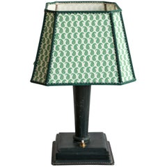 1950s French Green Leather Lamp with Shade