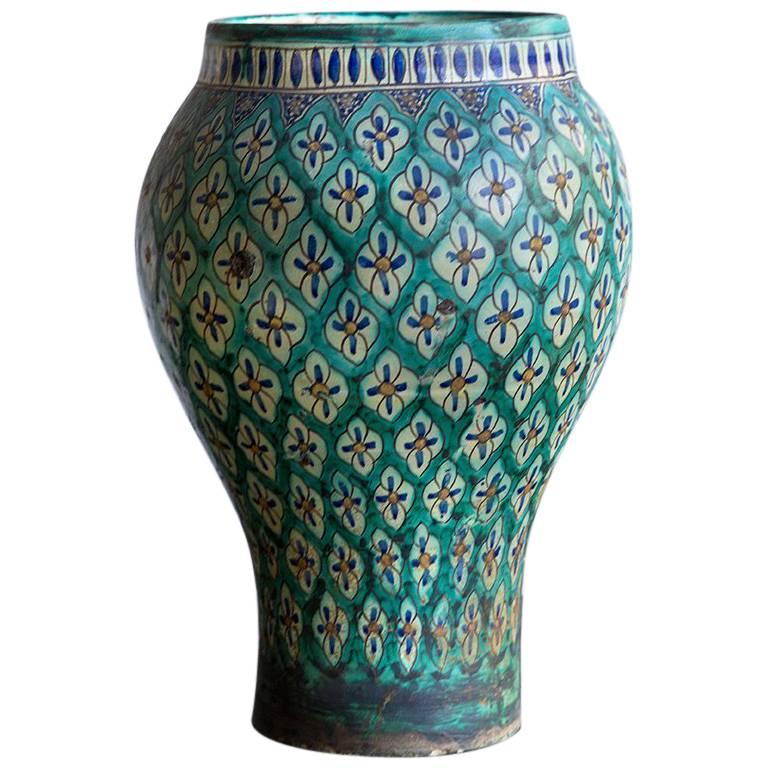 Hand-Painted Green 1930s Moroccan Vase For Sale