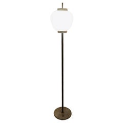 Stilnovo Balloon Ground Lamp, White Marble Base, Black Metal Stem, Brass Details
