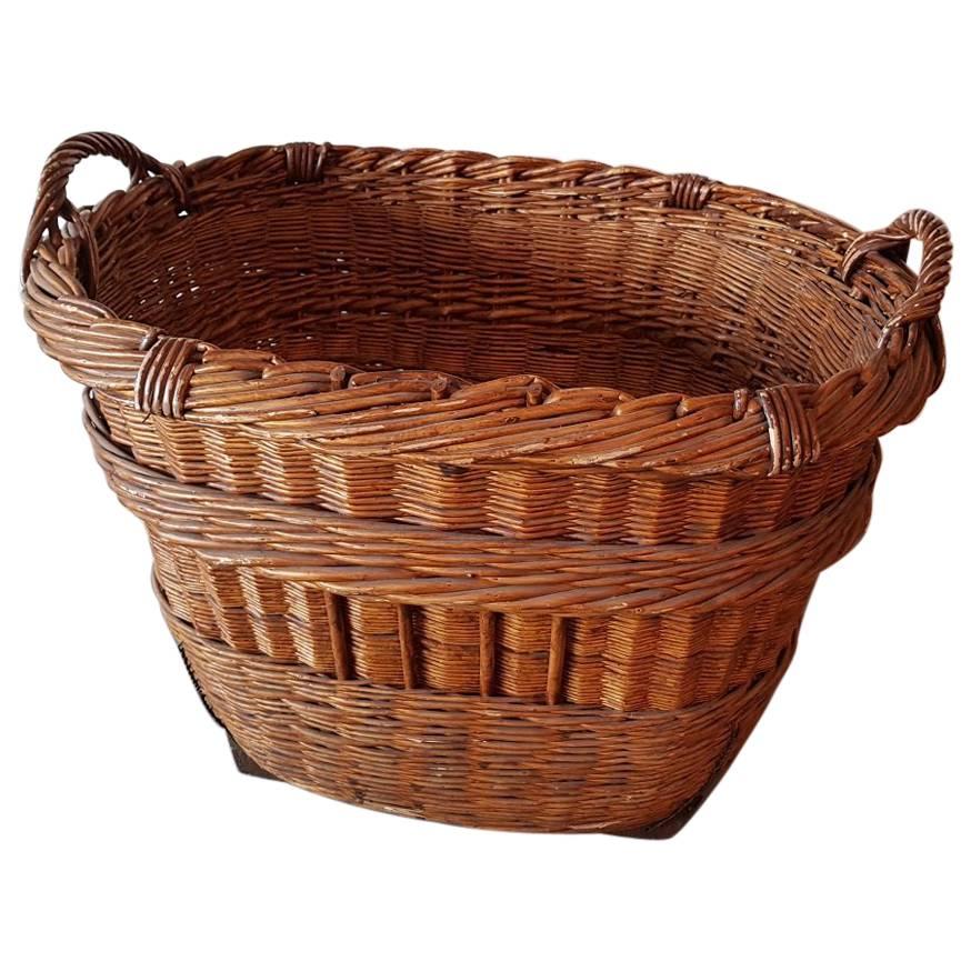 Vintage French Handcrafted Wicker Grape Basket from the Champagne Region