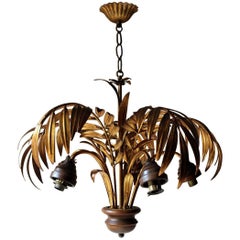 Maison Jansen Style Gilt-Metal Palm Formed Five-Branch Hanging Light