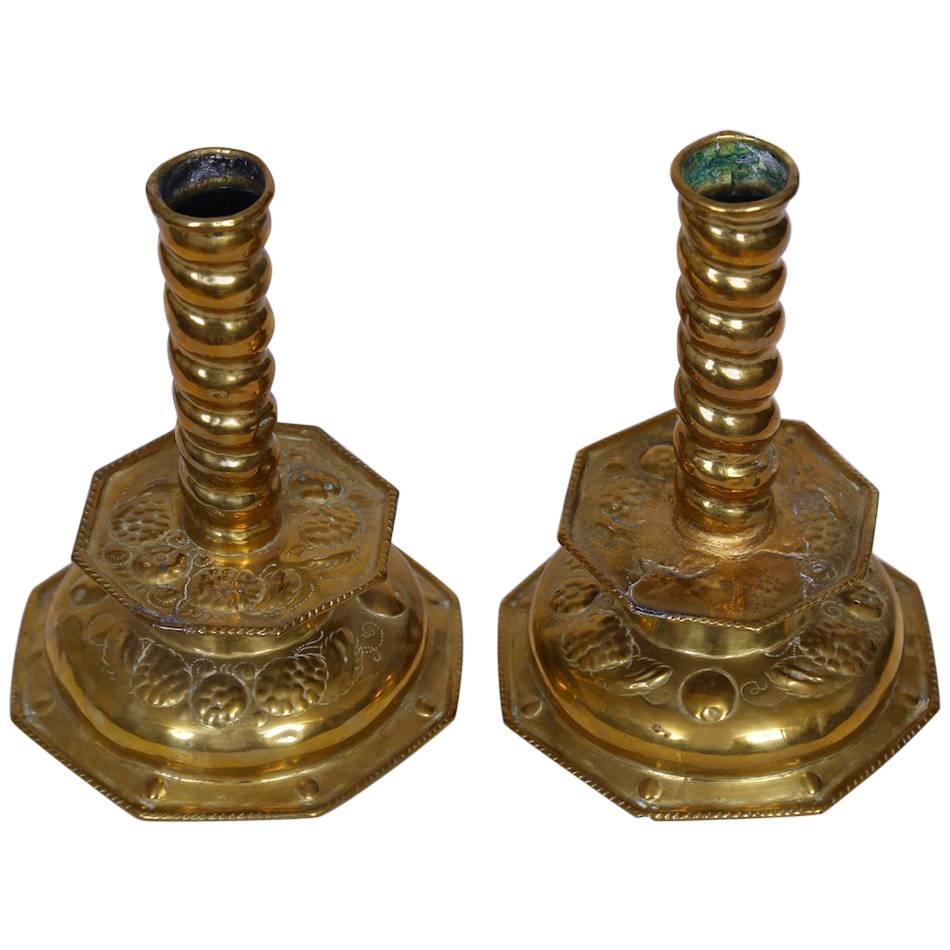 Baroque Brass Candle Sticks, Swedish, 18th Century For Sale