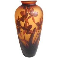Vase en verre camée orchidée Art nouveau français D''Argental, avec lettre de provenance