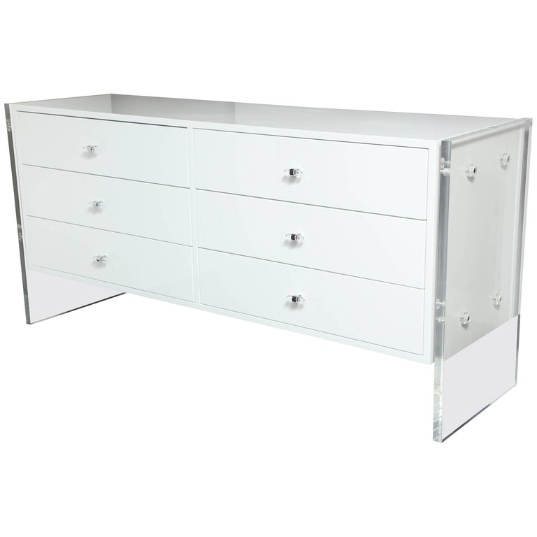 Custom 6 Drawer White Lacquer Dresser With Acrylic Side Panels For