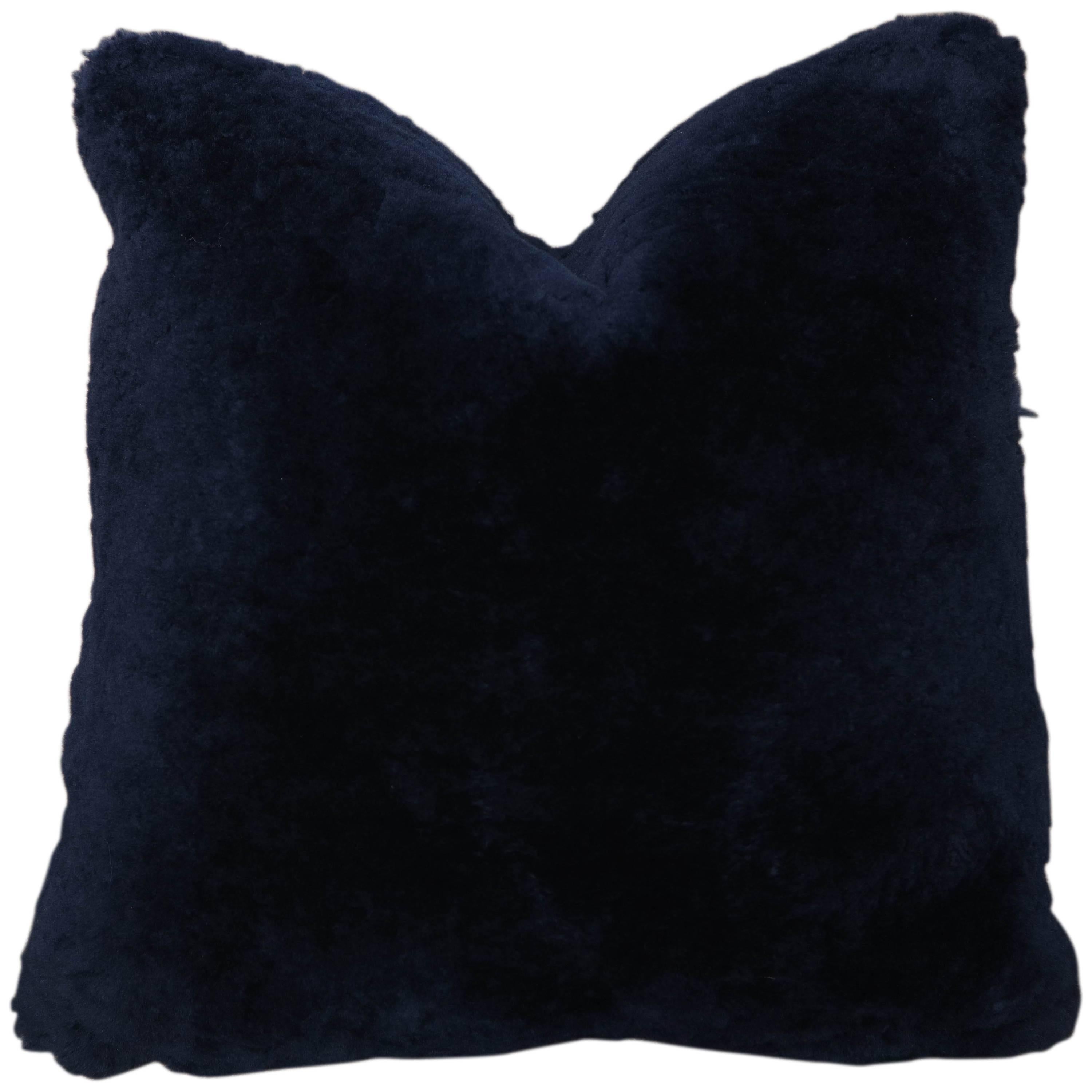 Custom Genuine Shearling Pillow in Dark Navy For Sale