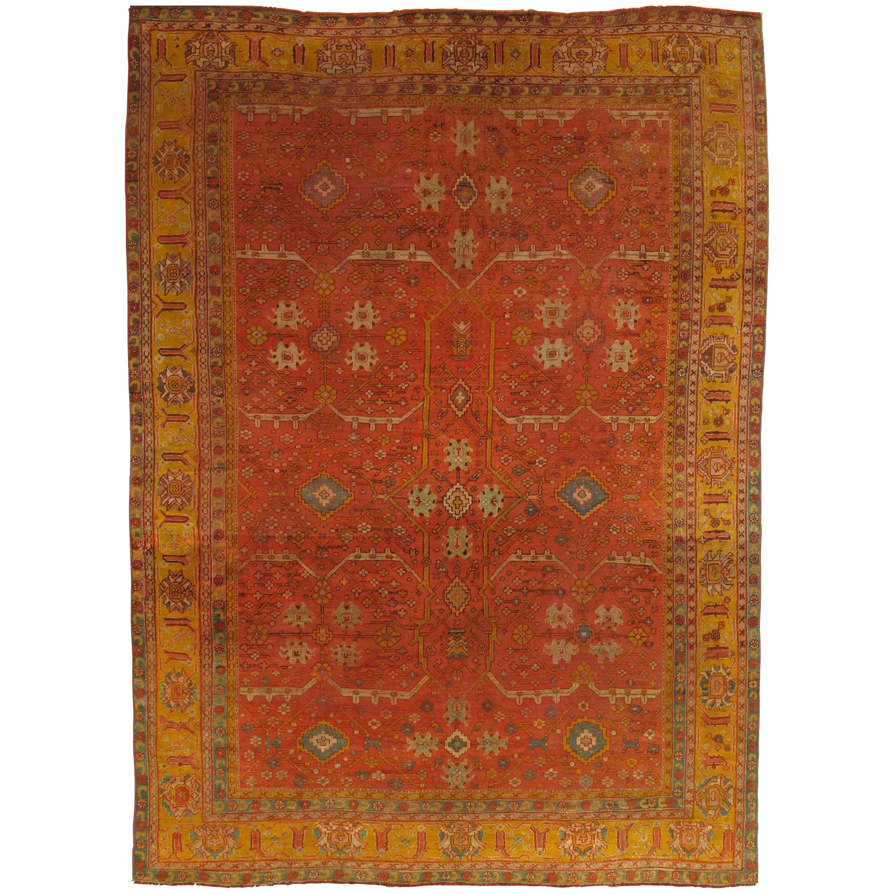 Antique Oushak Carpet, Oriental Rug, Handmade Ivory, Muted Orange, Soft Saffron