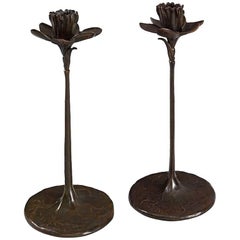 Pair of Tiffany Studios “Tulip Tree” Bronze Candlesticks