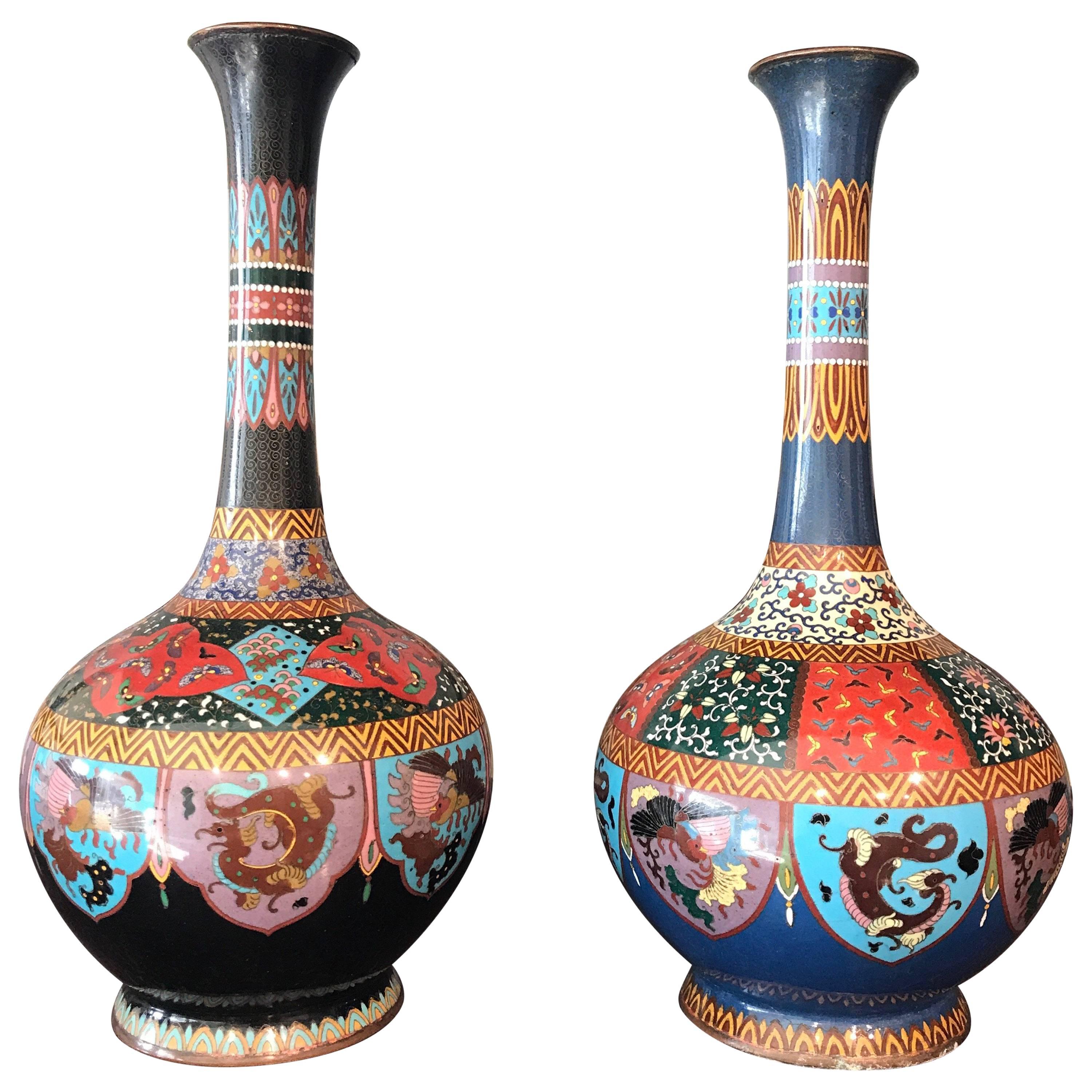 Matched Pair of Japanese Cloisonné Vases For Sale