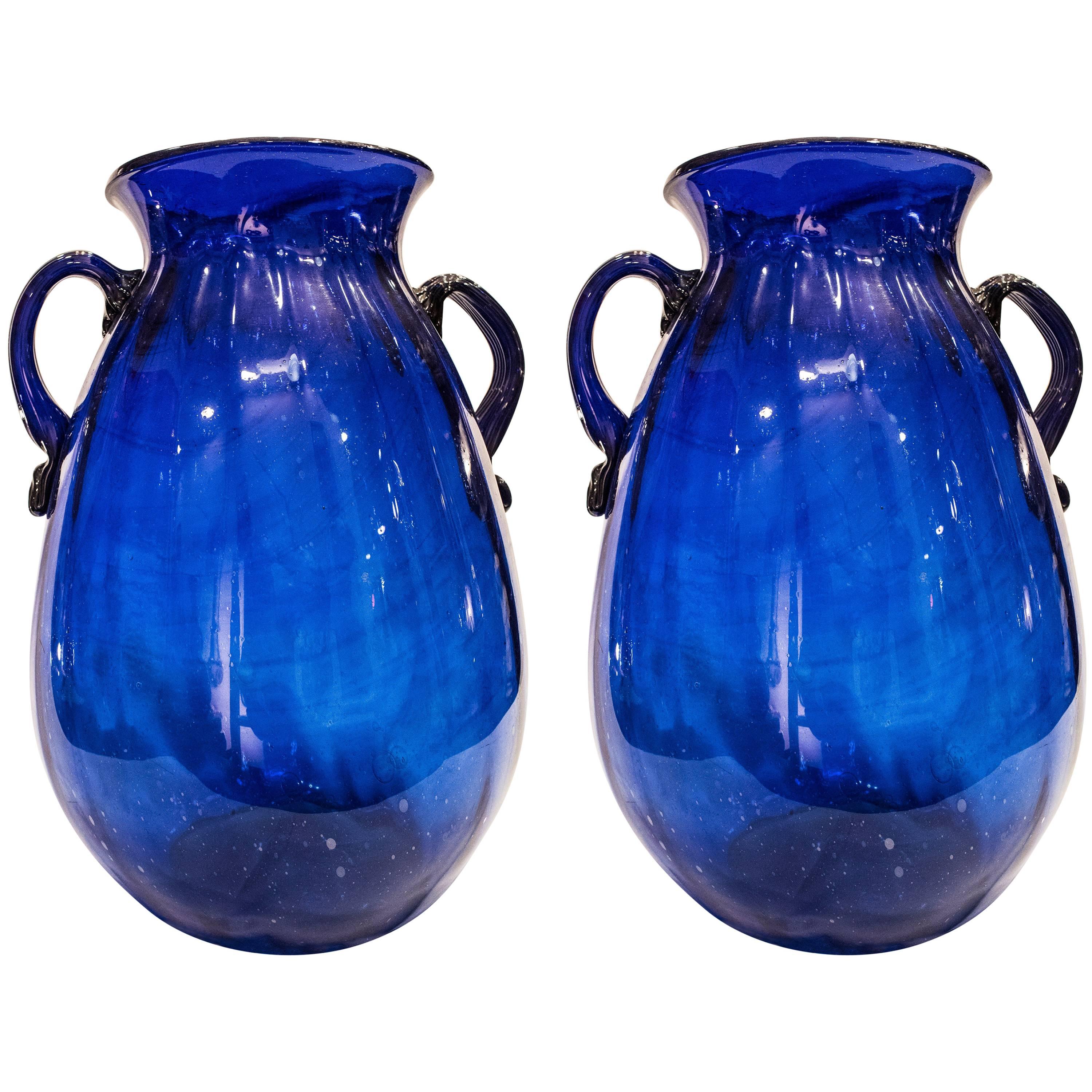  19th Century Murano  Blue Crystal Italian Vases