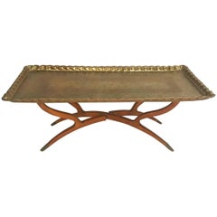 Vintage Midcentury Moroccan Style Etched Brass Tray Coffee Table